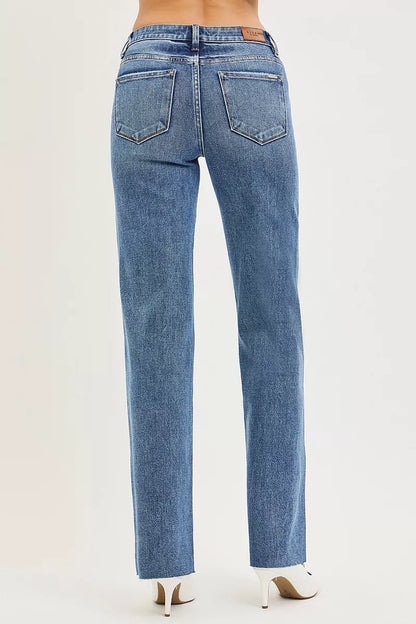 Dark wash Risen Tummy Control 4-Way Stretch Mid-Rise Straight Jeans with comfortable fit and classic style.