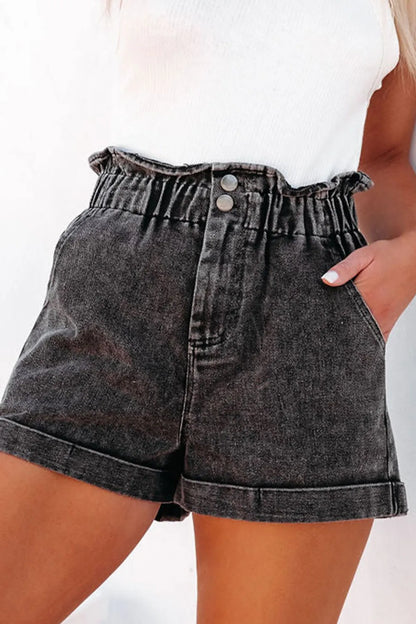 Dark denim paperbag waist shorts with pockets, stylish Trendsi women's casual denim shorts with a high waist and relaxed fit.