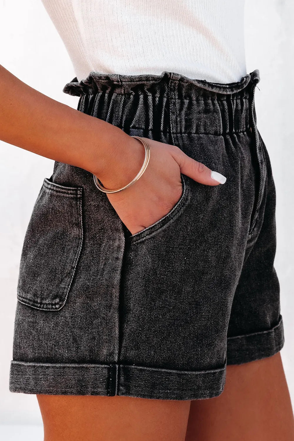 Dark denim paperbag waist shorts with front and back pockets, stylish Trendsi denim shorts for casual wear