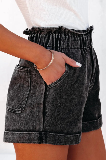 Dark denim paperbag waist shorts with front and back pockets, stylish Trendsi denim shorts for casual wear