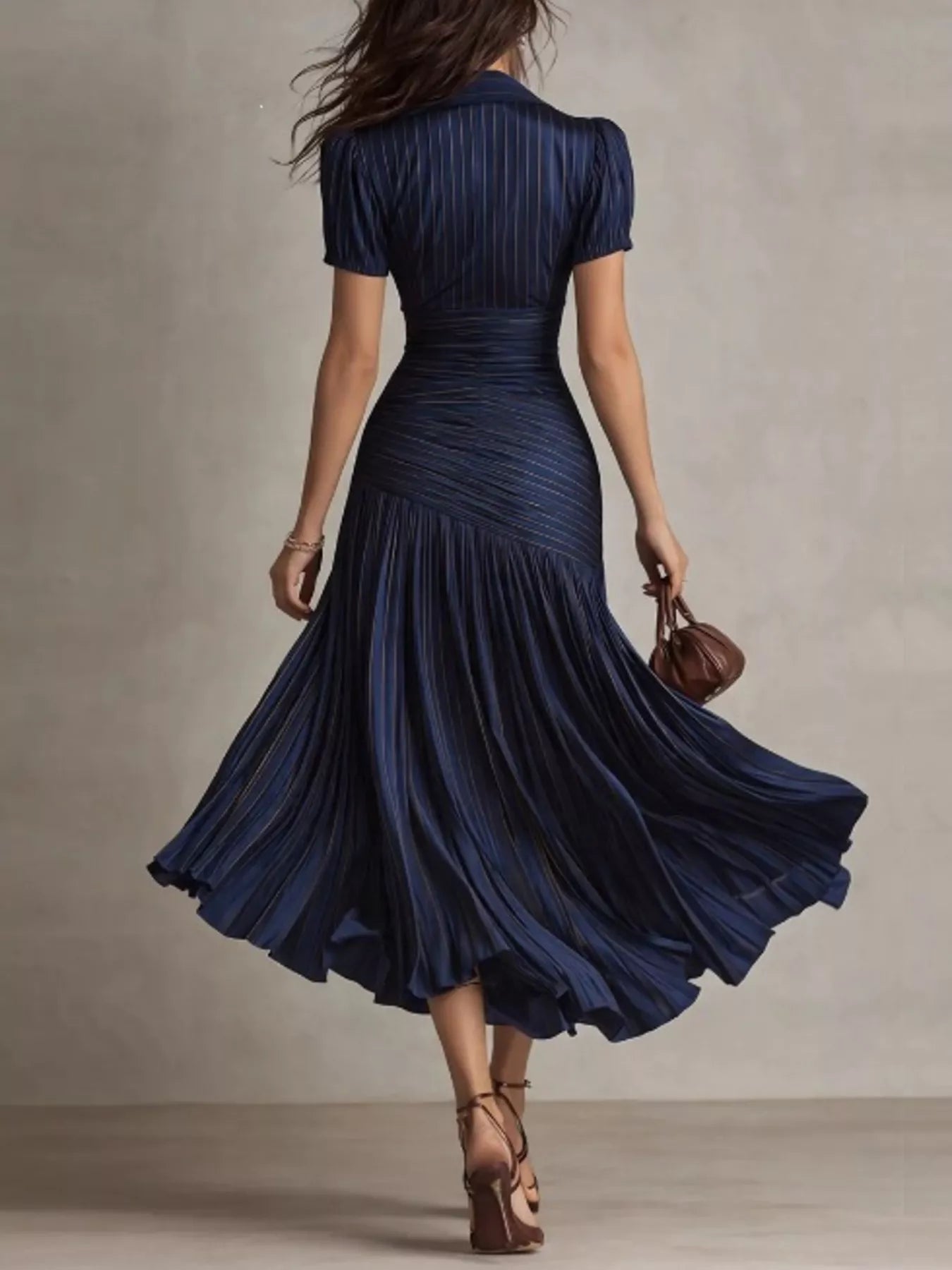 Dark blue pleated striped short sleeve midi dress from Trendsi, featuring a flowy silhouette and stylish pattern.