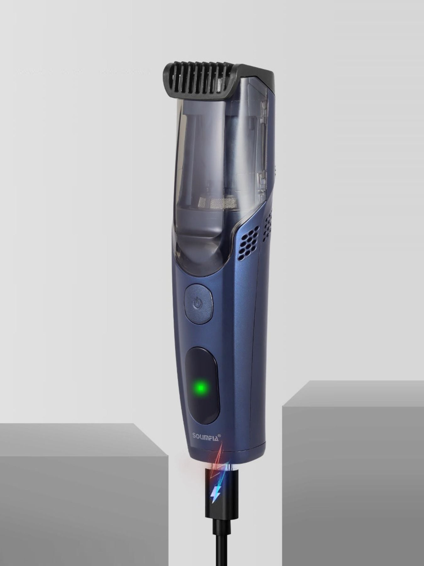 Dark blue portable cordless hair clipper by Trendsi, compact design with adjustable blades for easy hair cutting.
