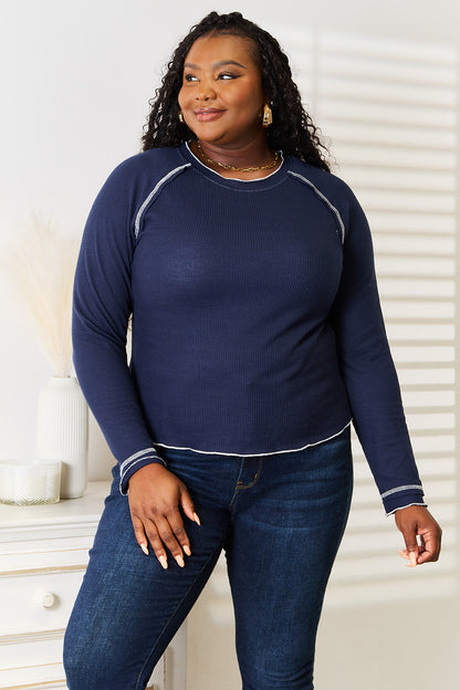 Dark blue Basic Bae long raglan sleeve round neck top by Trendsi, casual women's knit shirt with relaxed fit.