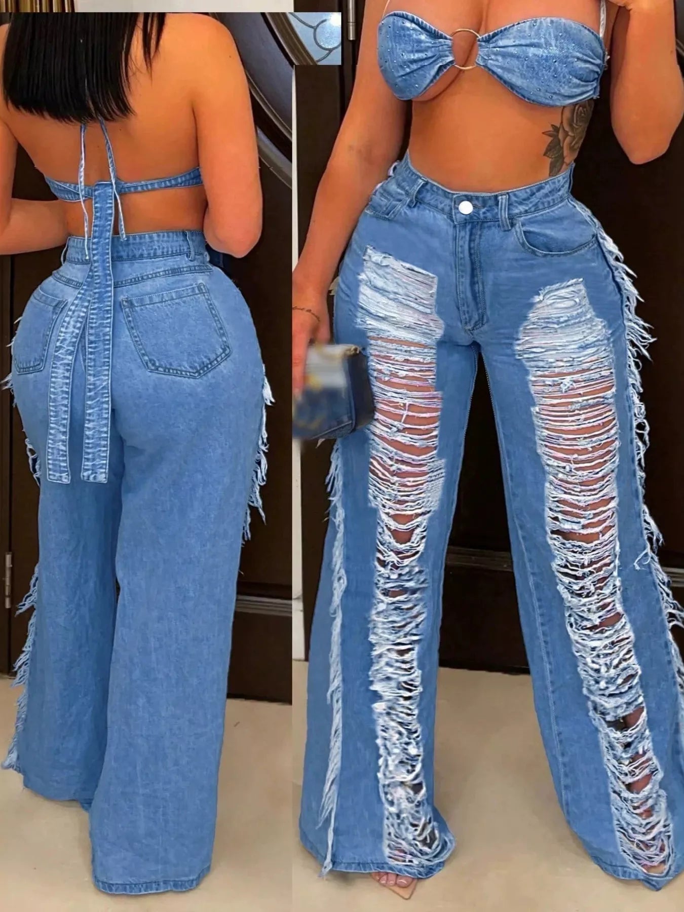 Dark blue distressed wide-leg jeans by Trendsi, featuring a relaxed fit and frayed hem, styled with casual elements.