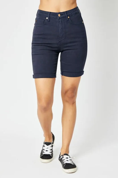 Dark blue Judy Blue high waist Bermuda shorts with tummy control, full size, casual summer style.