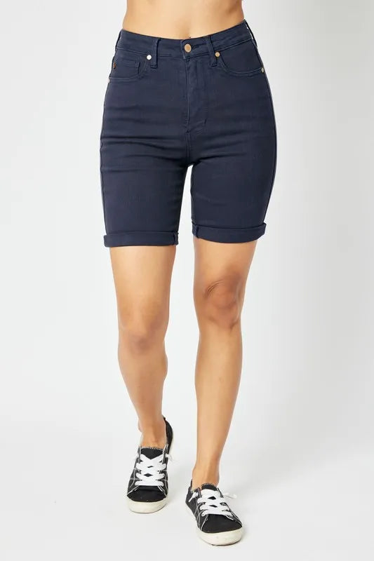 Dark blue Judy Blue high waist Bermuda shorts with tummy control, full size, casual summer style.