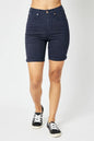 Dark blue Judy Blue high waist Bermuda shorts with tummy control, full size, casual summer style.