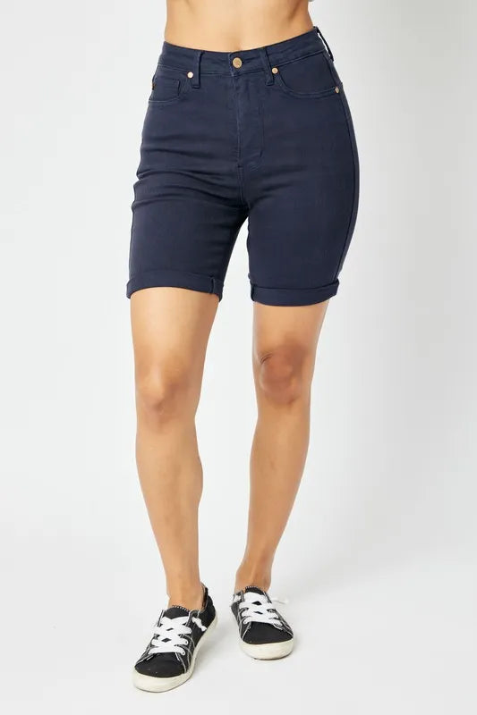 Dark blue Judy Blue high waist Bermuda shorts with tummy control, full size, casual summer style, shown on a model.