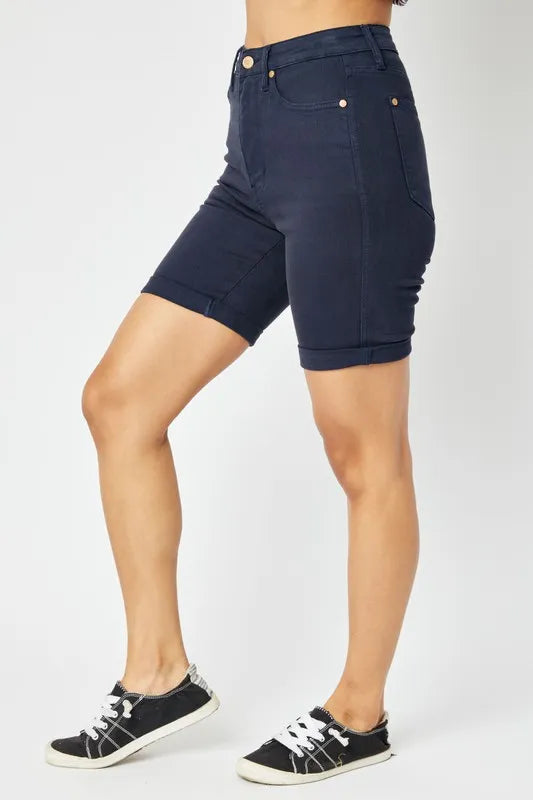 Dark blue Judy Blue high waist Bermuda shorts with tummy control, full size, casual summer fashion for women.
