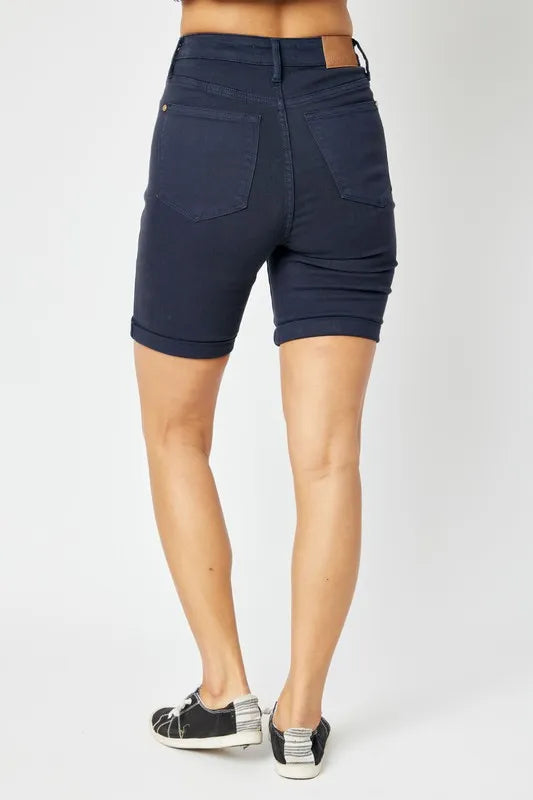 Dark blue Judy Blue high waist Bermuda shorts with tummy control, full size, featuring a comfortable fit and classic denim style.