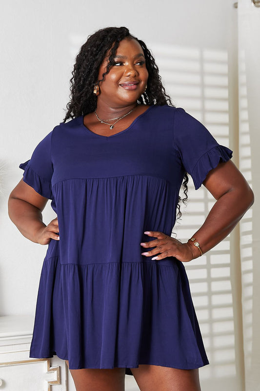 Dark blue Mandy V-neck flounce sleeve tiered dress by Trendsi, featuring a stylish v-neck and layered tiered skirt.