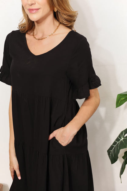 Dark blue Mandy V-neck flounce sleeve tiered dress by Trendsi, showcasing a stylish V-neckline and layered tiered skirt.