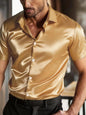Dark blue men's satin short sleeve shirt in plus size, featuring a smooth, shiny fabric and relaxed fit from Trendsi.