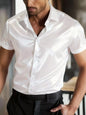 Dark blue men's full-size satin short sleeve shirt by Trendsi, showcasing a smooth, shiny fabric and relaxed fit.