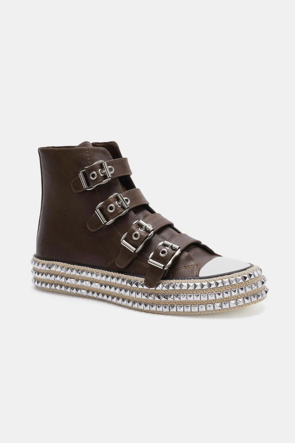 Dark brown Beast Fashion platform sneakers with multi-buckle straps and studded detailing, featuring a bold, chunky sole.