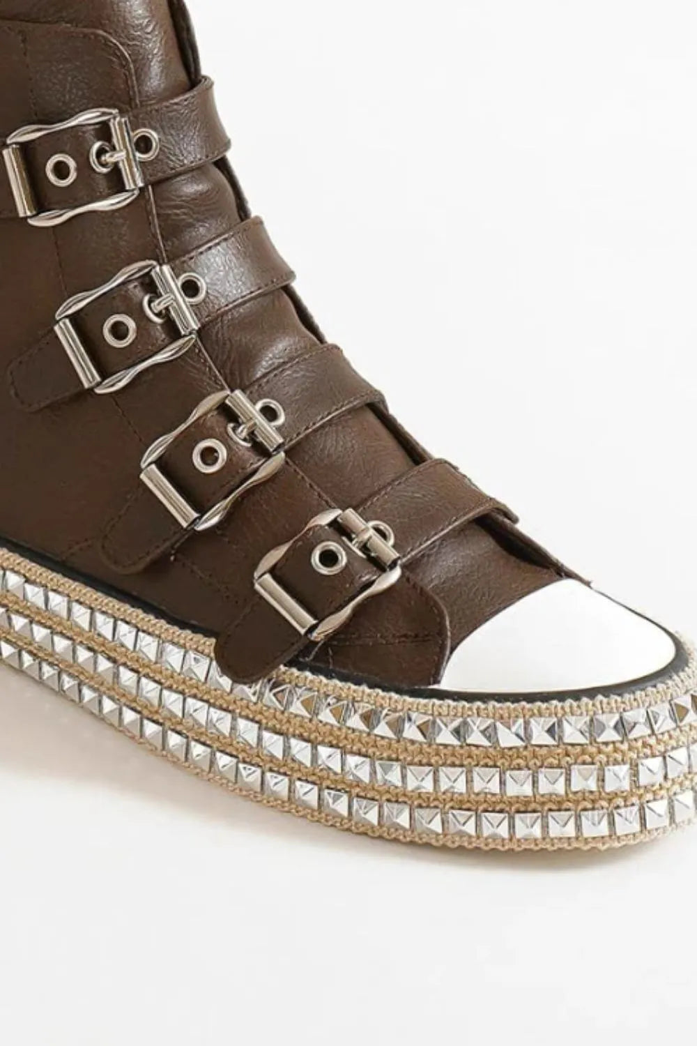 Dark brown Beast Fashion platform sneakers with multi-buckle straps and studded details, stylish and edgy footwear from Trendsi.
