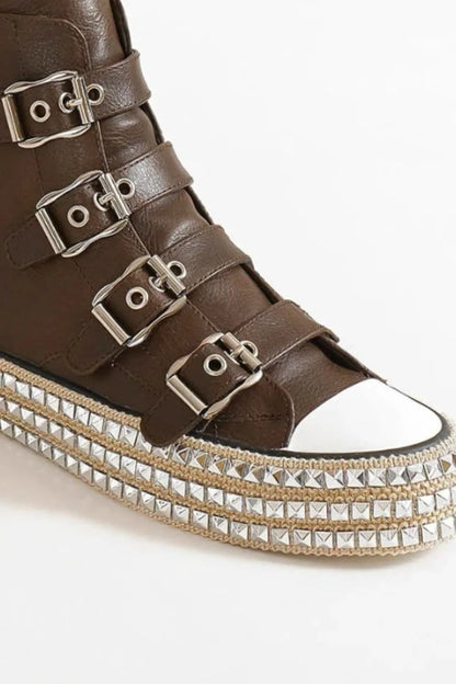 Dark brown Beast Fashion platform sneakers with multi-buckle straps and studded details, stylish and edgy footwear from Trendsi.