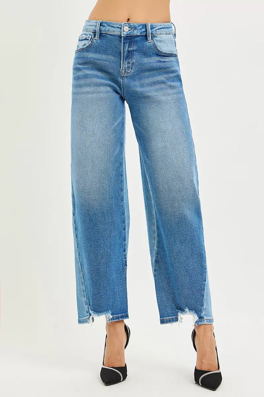 Plus size RISEN full-size slouchy cropped barrel jeans with contrast wash, trendy and comfortable for casual wear.