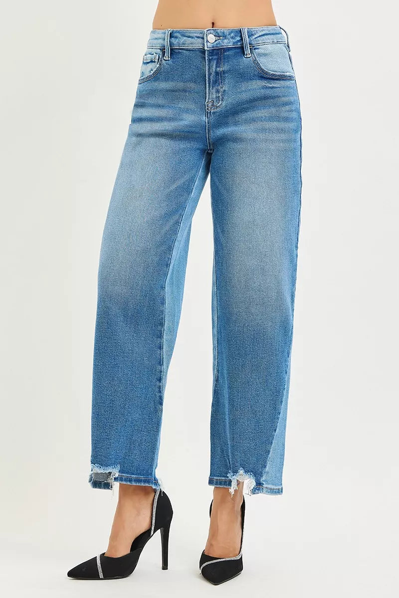 Dark wash RISEN full size slouchy cropped barrel jeans with contrast wash, styled for plus size, by Trendsi.