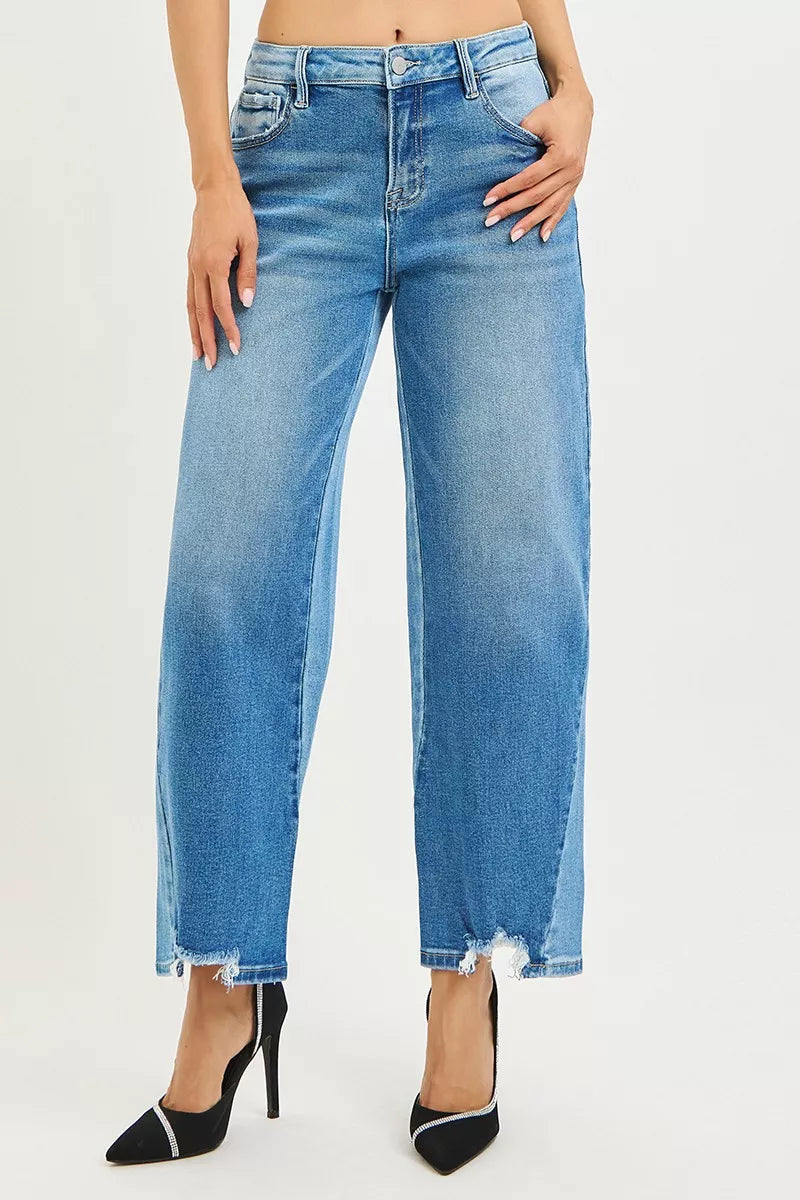 Dark wash Risen full-size slouchy cropped barrel jeans with contrast wash, plus size, styled for a relaxed, comfortable look.
