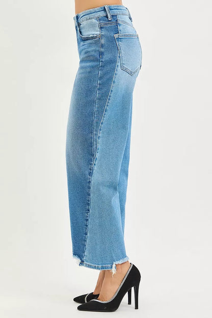 Dark wash Risen full size slouchy cropped barrel jeans with contrast wash, plus size, styled with relaxed fit and trendy silhouette.