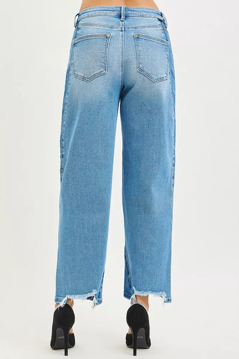 Dark wash Risen full size slouchy cropped barrel jeans with contrast wash, plus size, casual denim style.