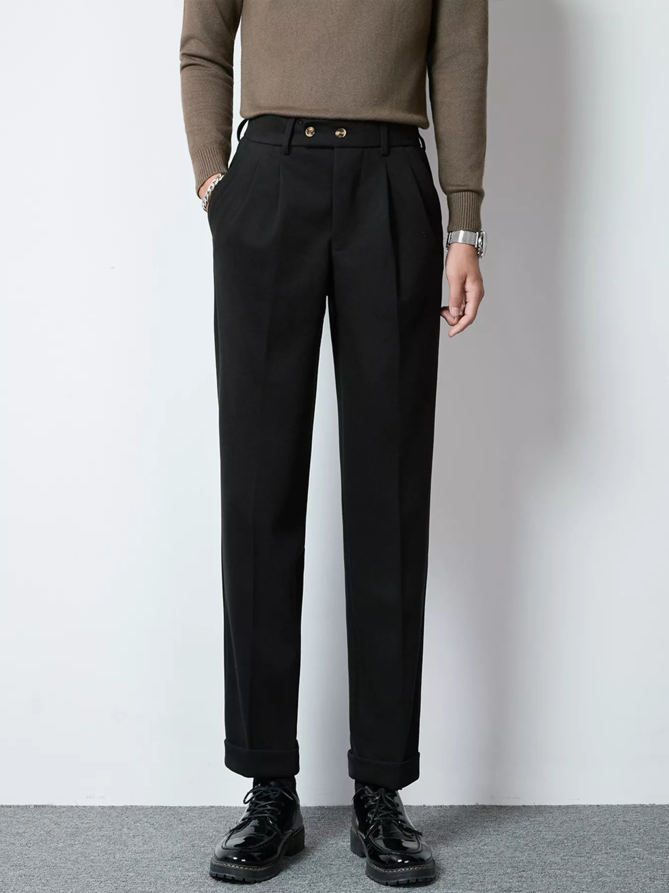 Dark gray men's pleated dress pants by Trendsi, showing the front view with a classic fit and tailored design.