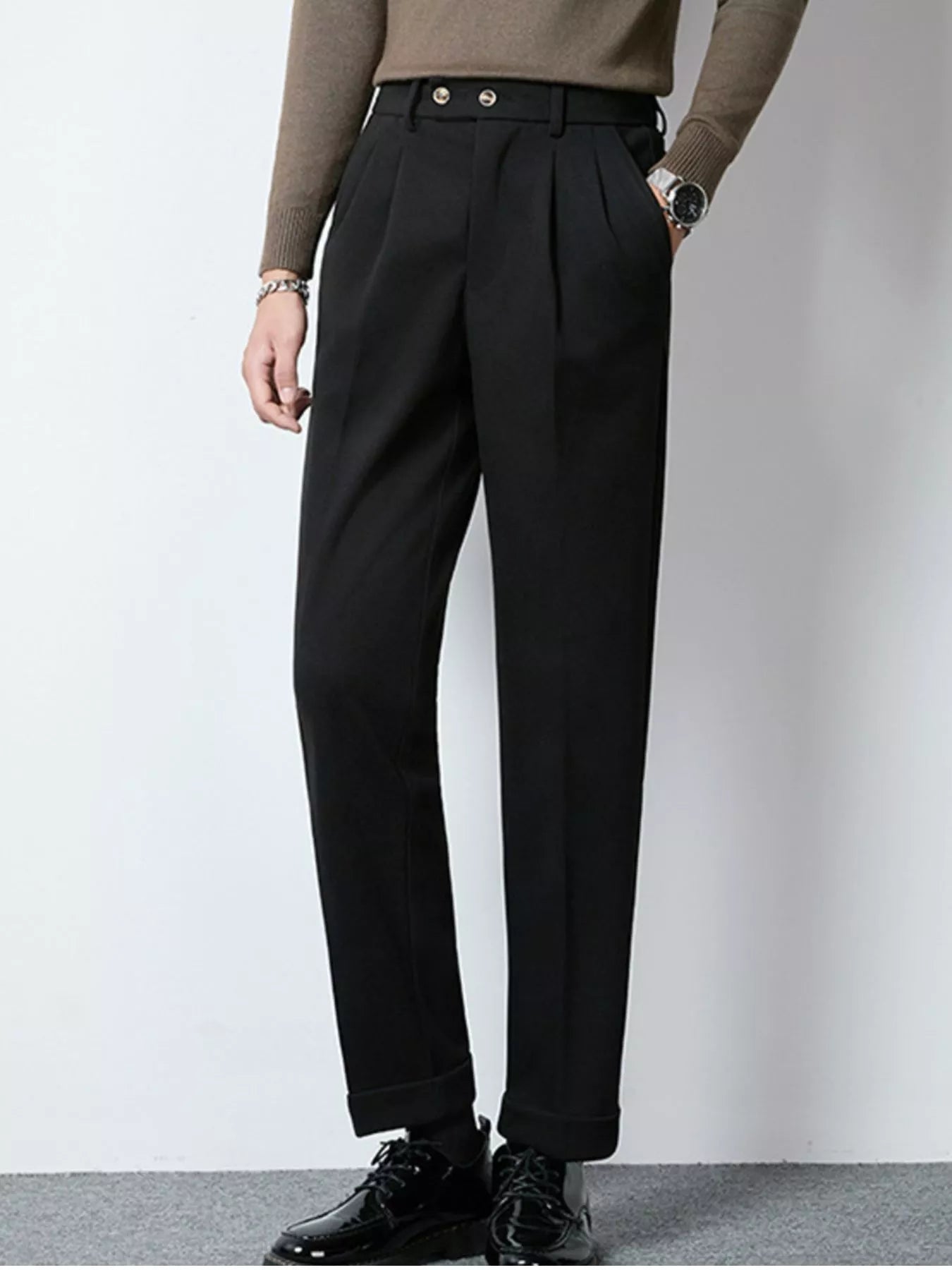 Dark gray men's pleated dress pants by Trendsi, tailored fit with front pleats, suitable for formal or office wear.