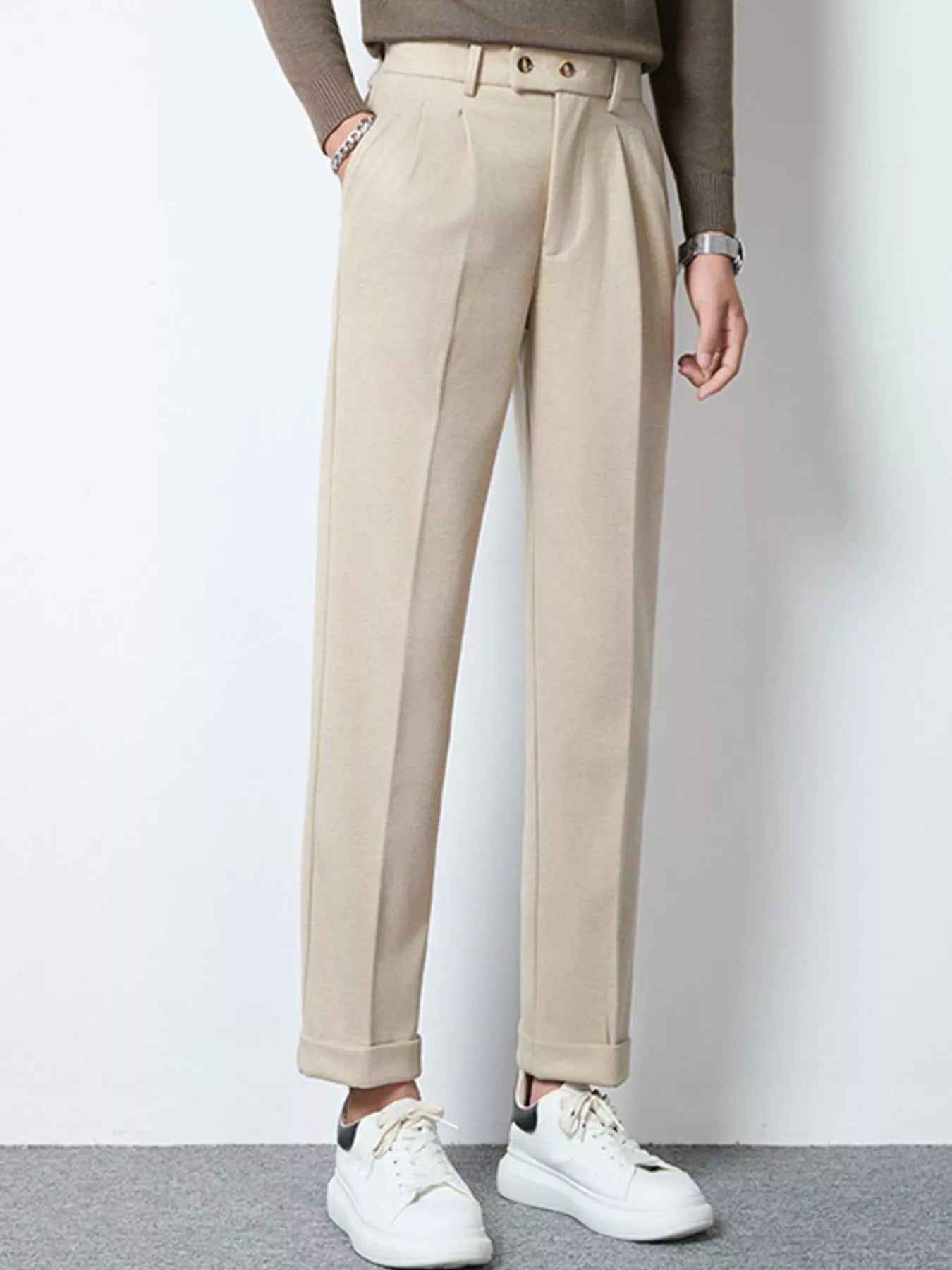 Dark gray men's pleated dress pants by Trendsi, featuring a tailored fit and classic style for formal or office wear.