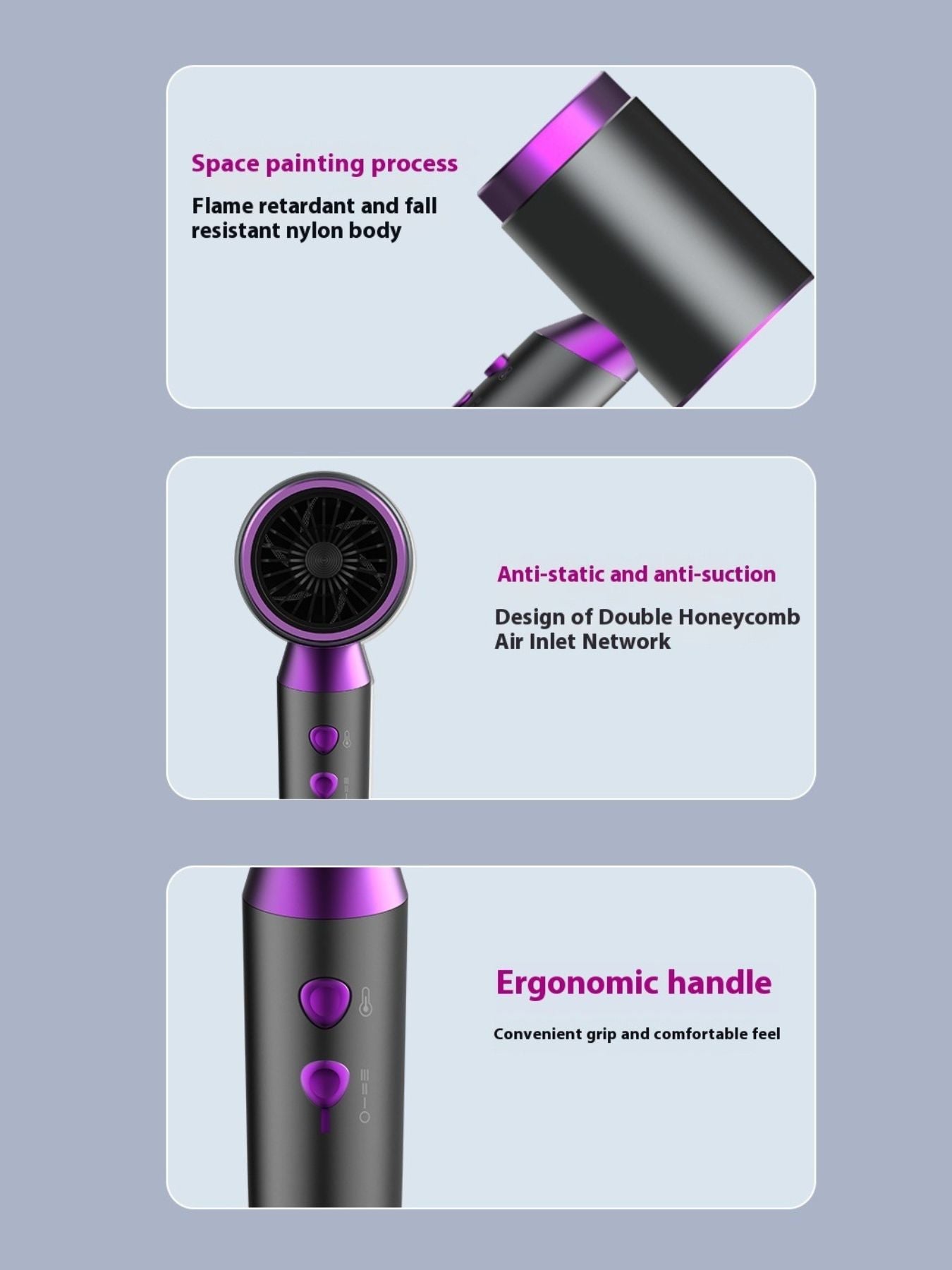 Dark gray Trendsi constant temperature hair dryer with European plug, showcasing its sleek design and professional styling features.
