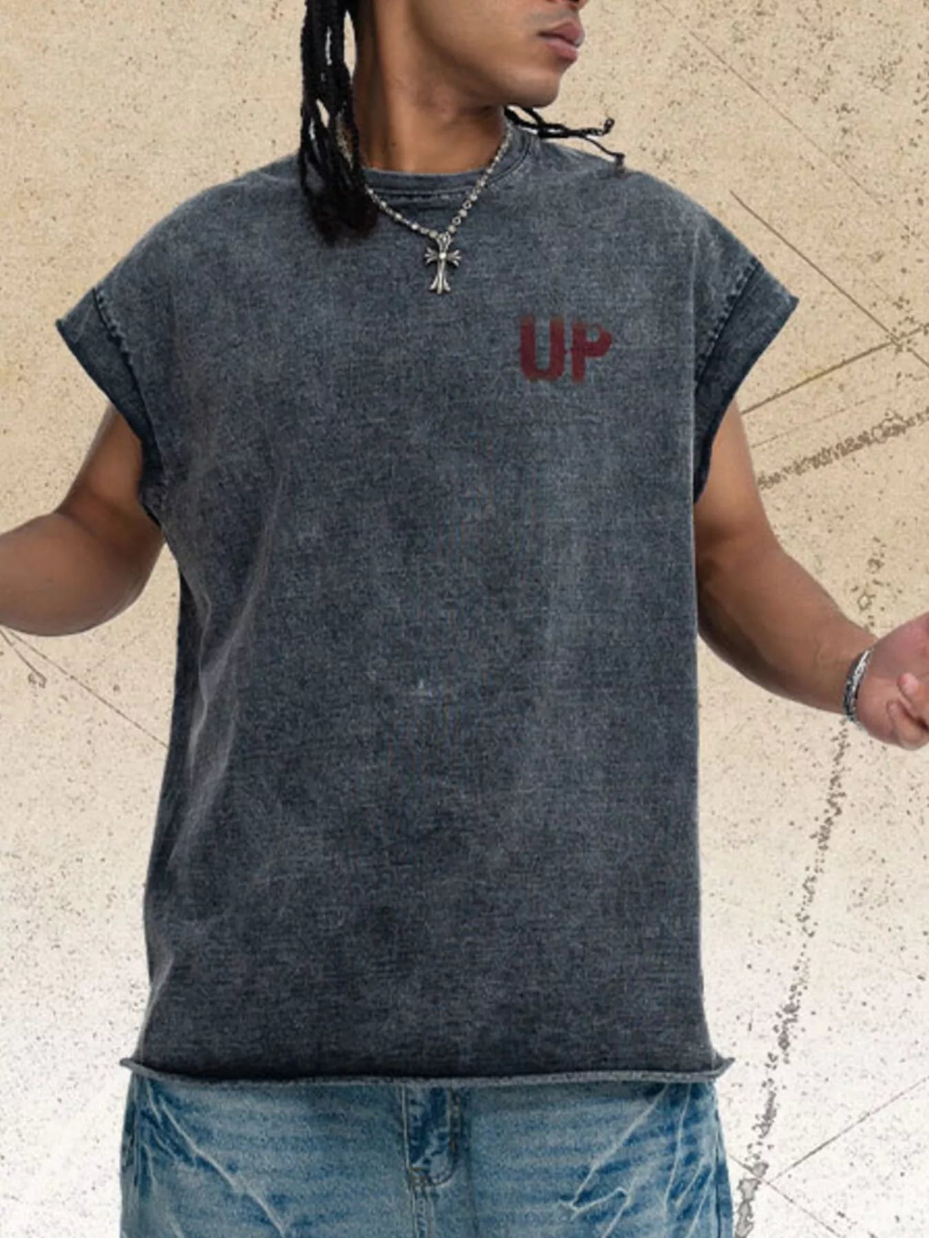 Dark gray men's vintage washed tank top with 'UP' letter by Trendsi, casual sleeveless shirt for men.