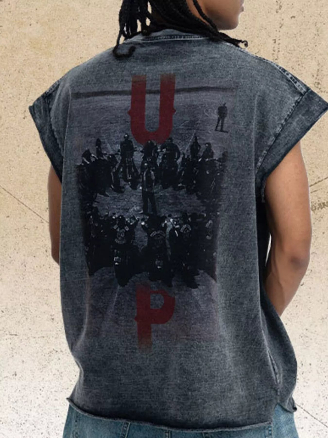 Men's vintage washed dark gray tank top with bold 'UP' letter design, trendy and casual men's sleeveless shirt by Trendsi.