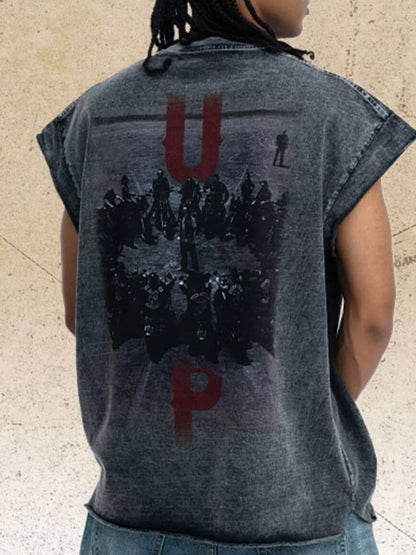 Men's vintage washed dark gray tank top with bold 'UP' letter design, trendy and casual men's sleeveless shirt by Trendsi.