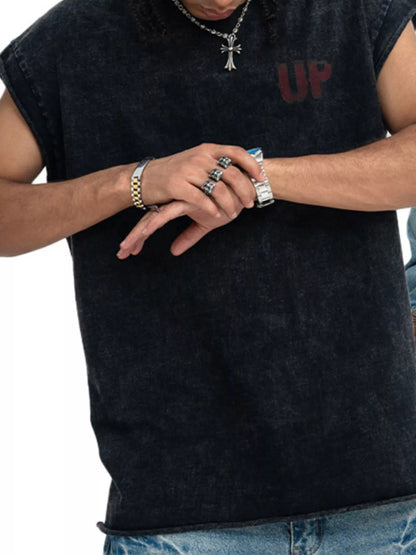 Dark gray men's vintage washed tank top with 'UP' letter print, stylish trendy sleeveless shirt from Trendsi.