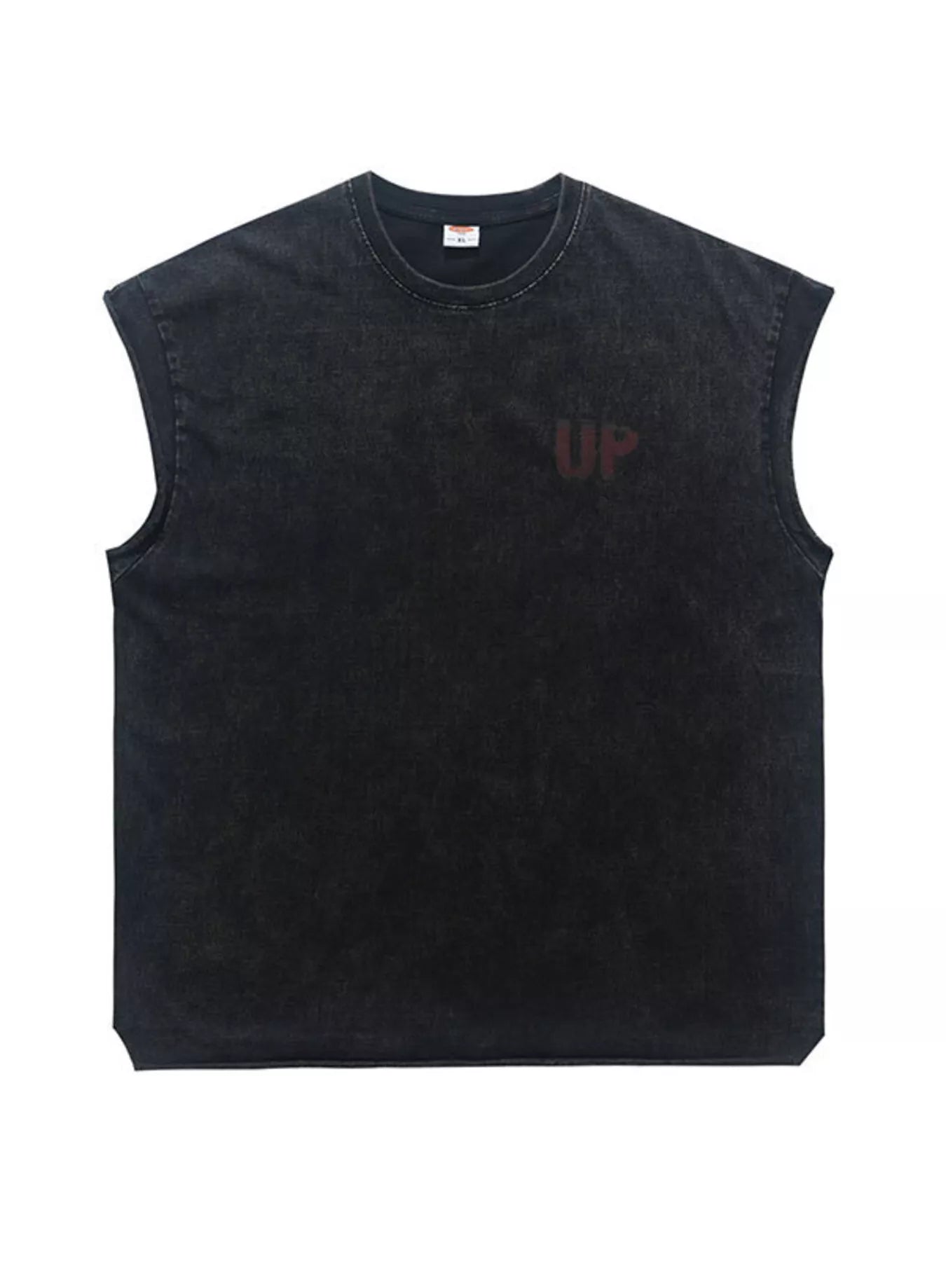 Men's vintage washed dark gray tank top with 'UP' letter print, casual sleeveless summer shirt by Trendsi.