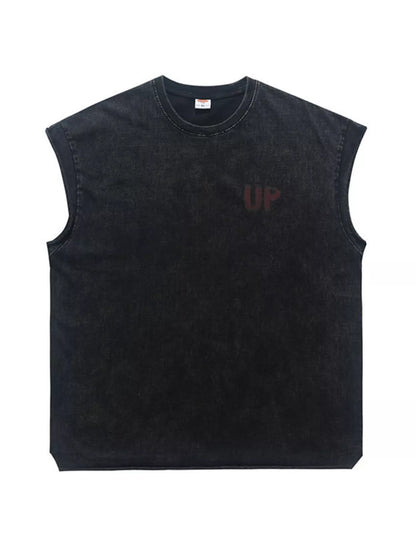 Men's vintage washed dark gray tank top with 'UP' letter print, casual sleeveless summer shirt by Trendsi.