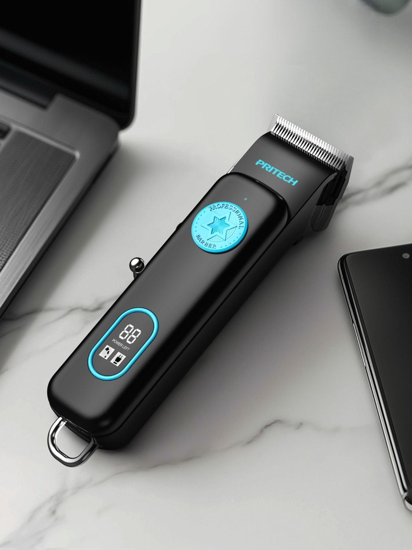 Dark gray cordless hair clipper with LED display from Trendsi, showing adjustable blades and ergonomic design.