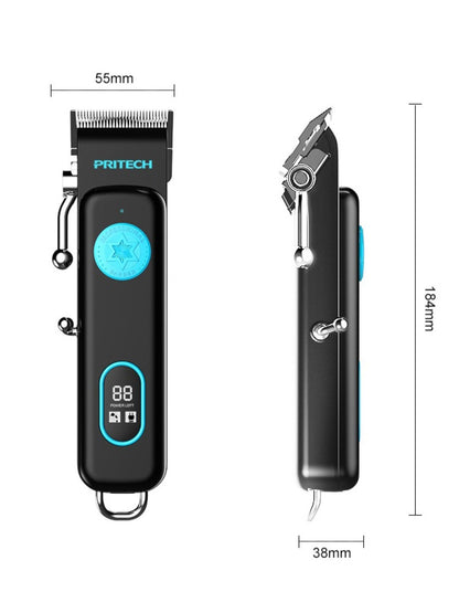 Dark gray cordless hair clipper with LED display and adjustable blades, designed for precise haircutting by Trendsi.
