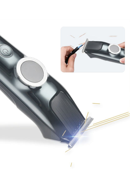 Dark gray cordless hair clipper with LED display, featuring a sleek design and one-size-fits-all adjustable blades.