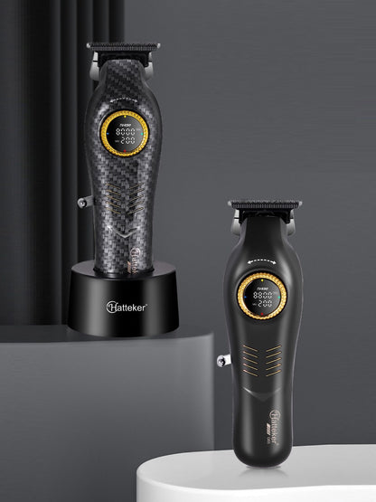 Dark gray cordless hair clipper with LED display, Trendsi brand, showcasing adjustable blades and ergonomic design.