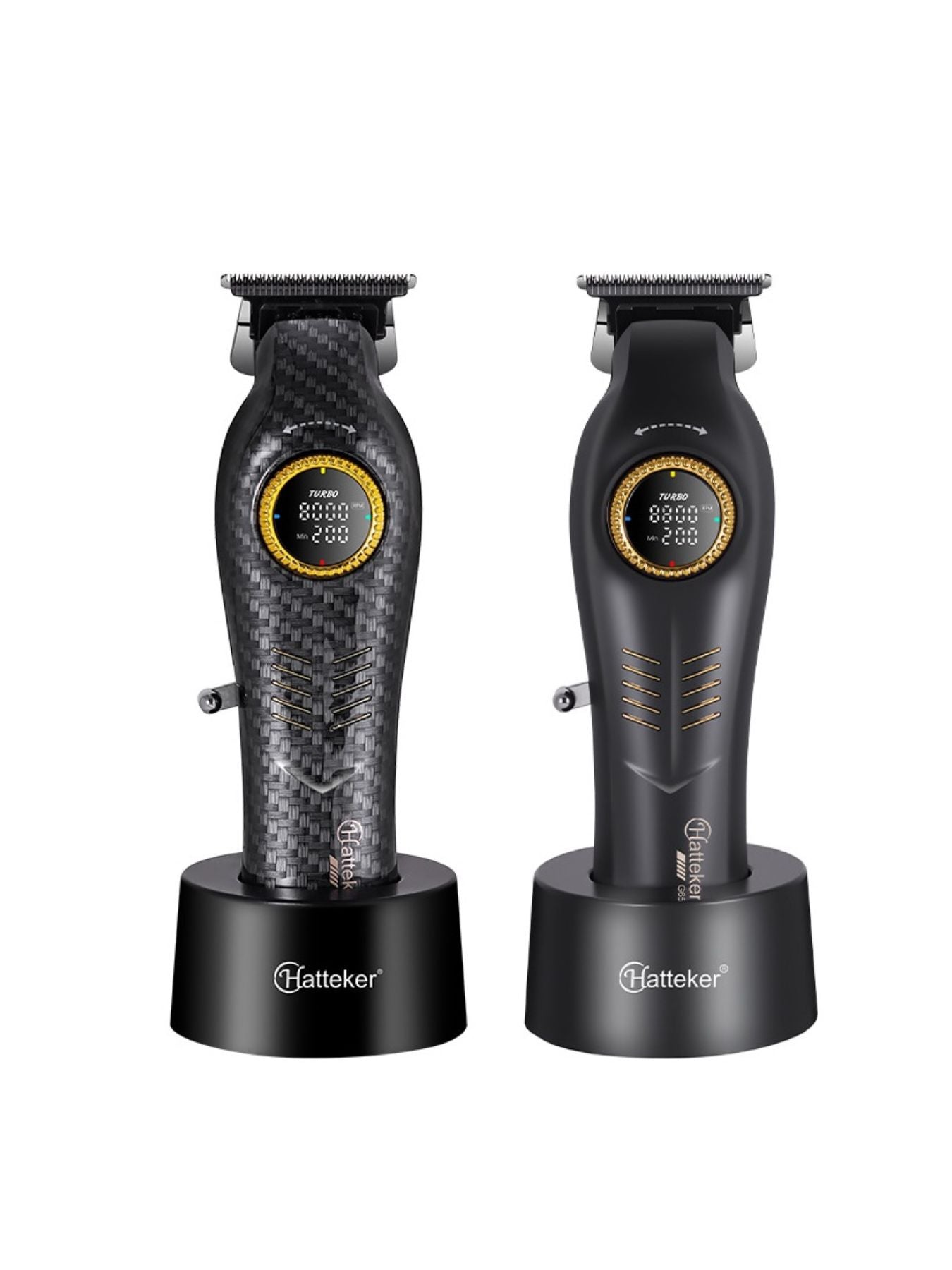 Dark gray cordless hair clipper with LED display and adjustable blades, designed for precise grooming.