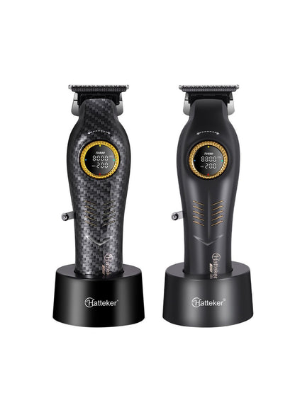 Dark gray cordless hair clipper with LED display and adjustable blades, designed for precise grooming.