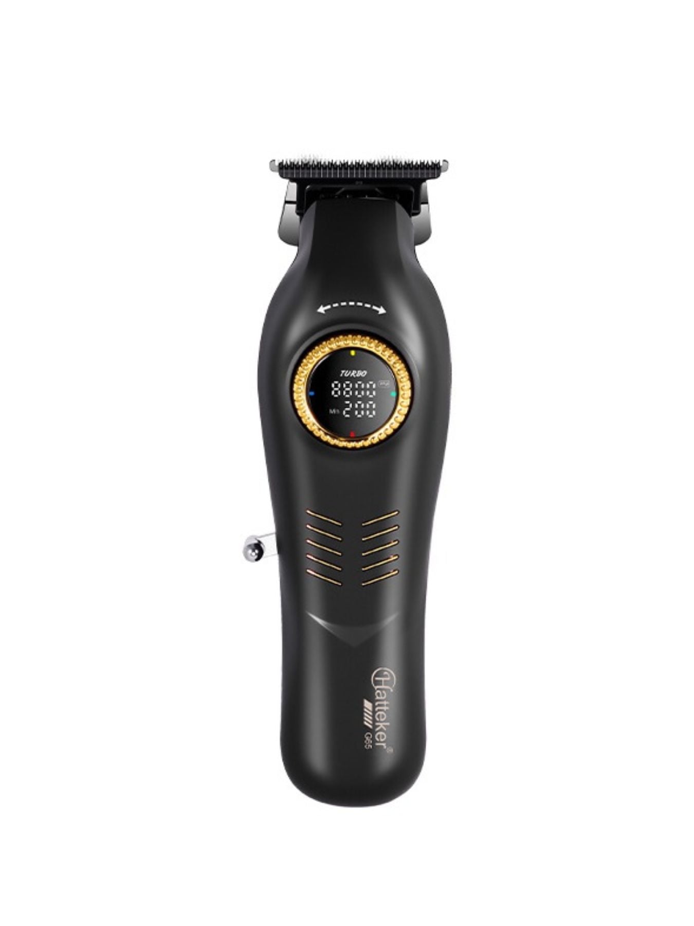Dark gray cordless hair clipper with LED display, featuring adjustable blades and ergonomic design for easy hair cutting.