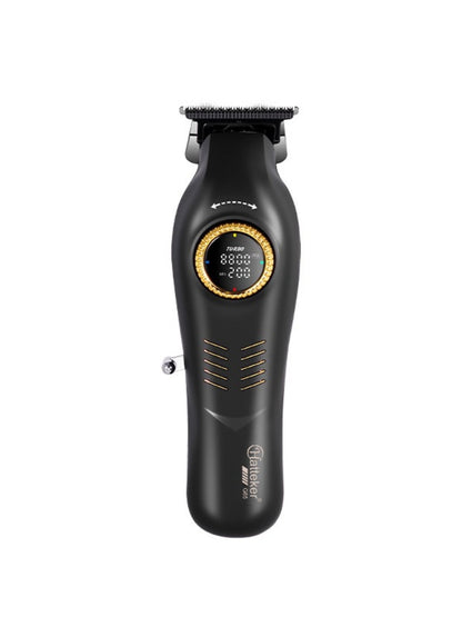 Dark gray cordless hair clipper with LED display, featuring adjustable blades and ergonomic design for easy hair cutting.
