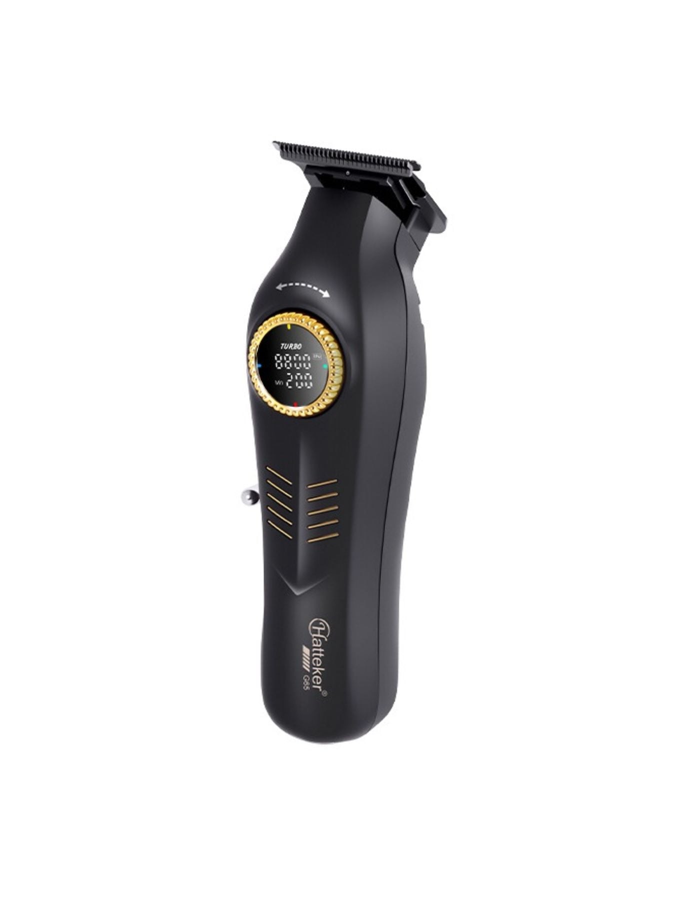 Dark gray cordless hair clipper with LED display by Trendsi, showing adjustable blades and ergonomic design for easy grooming.