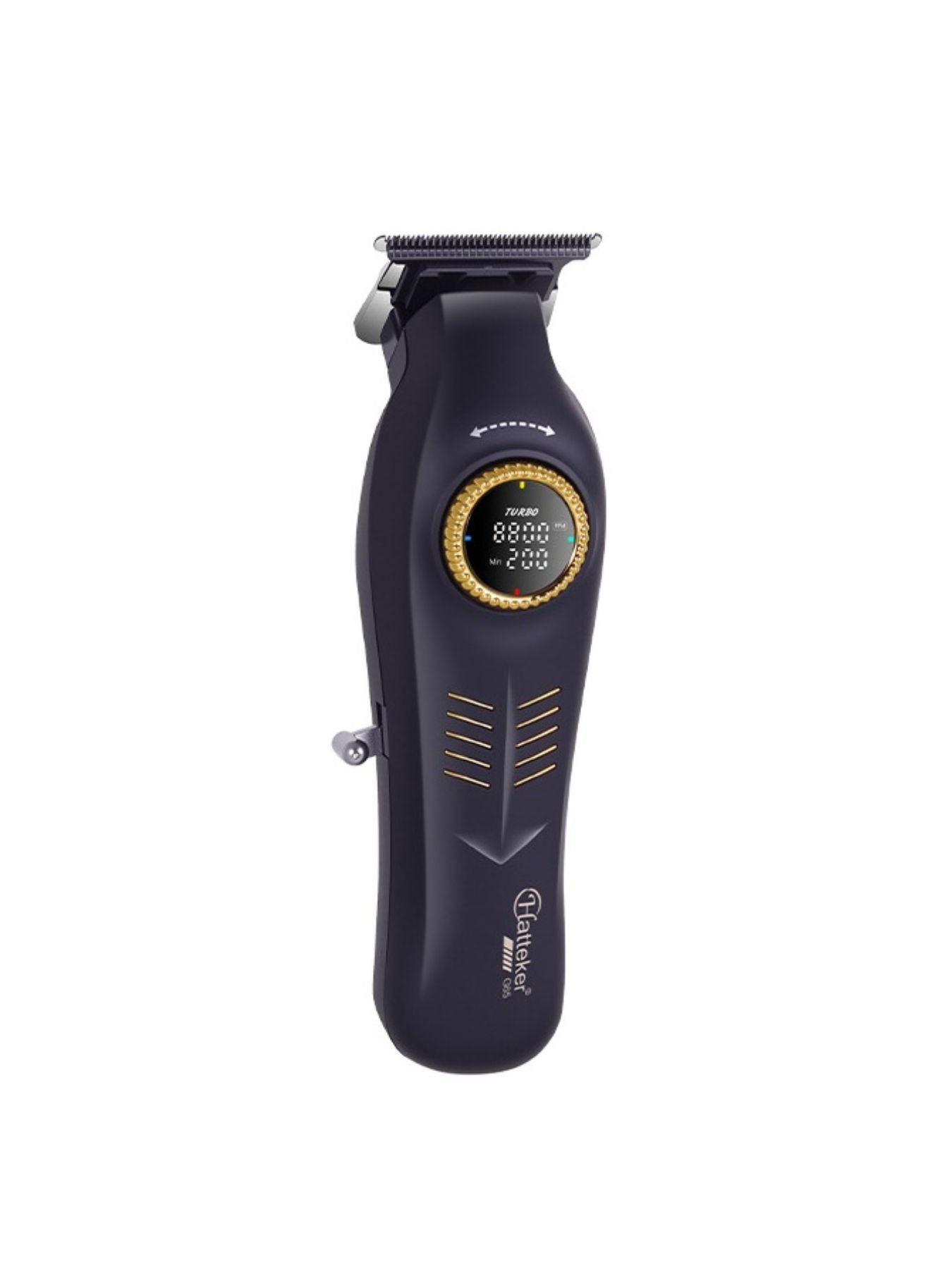 Dark gray cordless hair clipper with LED display from Trendsi, showcasing a sleek design and adjustable blade settings.