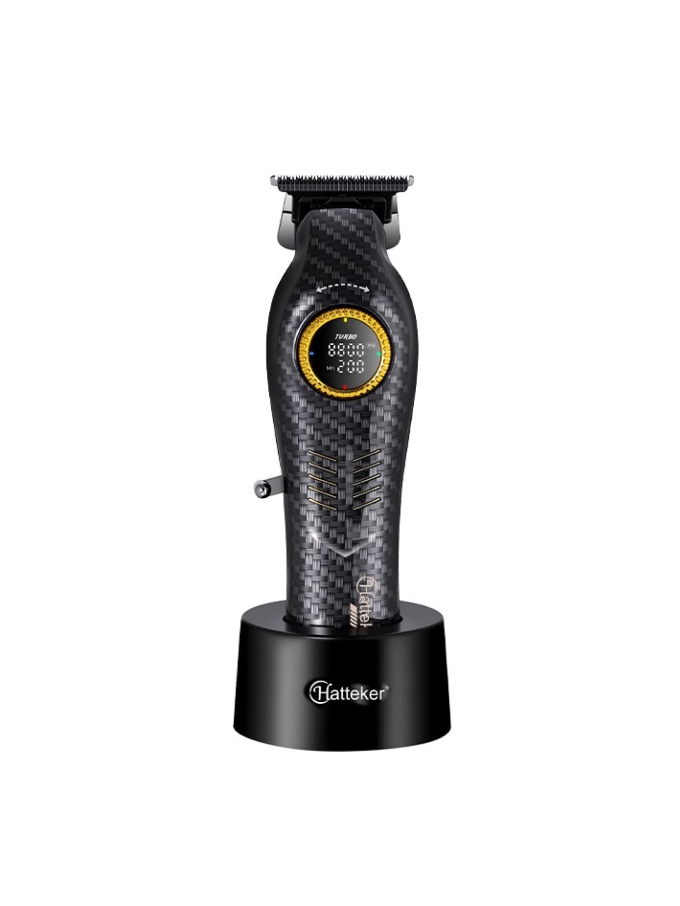 Dark gray cordless hair clipper with LED display by Trendsi, showing adjustable blades and ergonomic design.