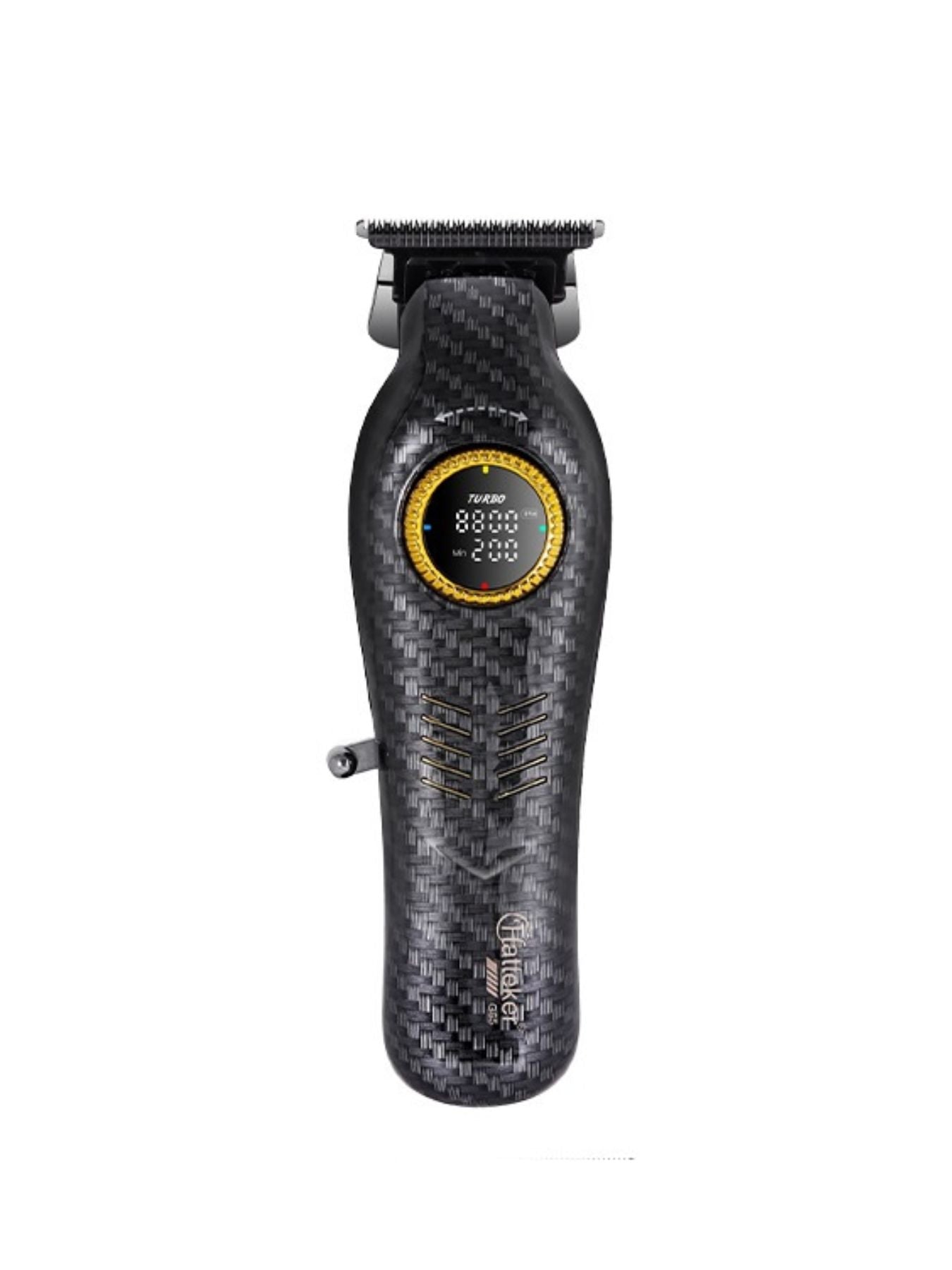 Dark gray cordless hair clipper with LED display, Trendsi brand, showing adjustable blade and ergonomic design.