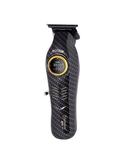 Dark gray cordless hair clipper with LED display by Trendsi, shown with adjustable blades and ergonomic design.
