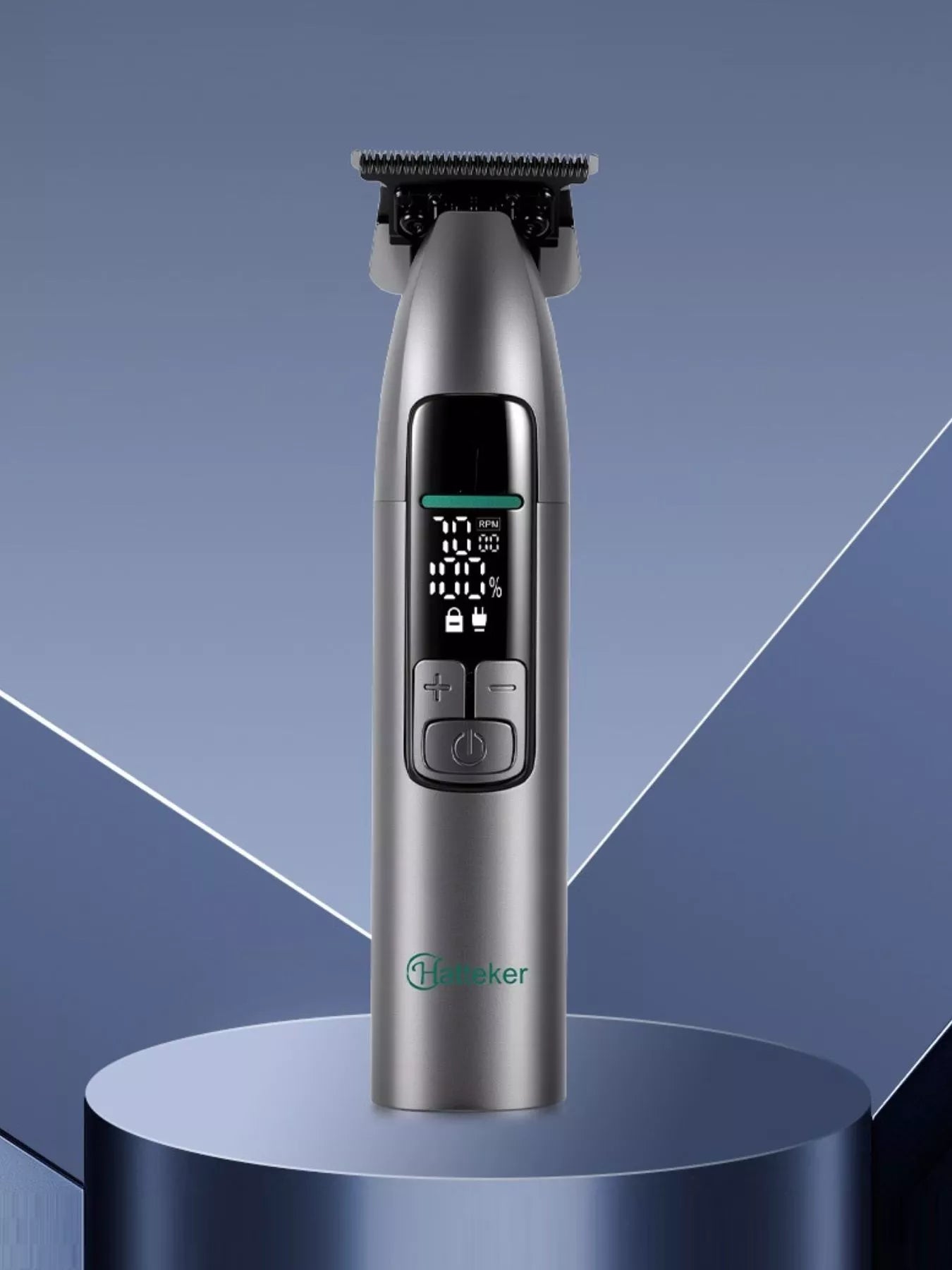 Dark gray cordless hair clipper with LED display from Trendsi, featuring a sleek design and adjustable blades for precise grooming.
